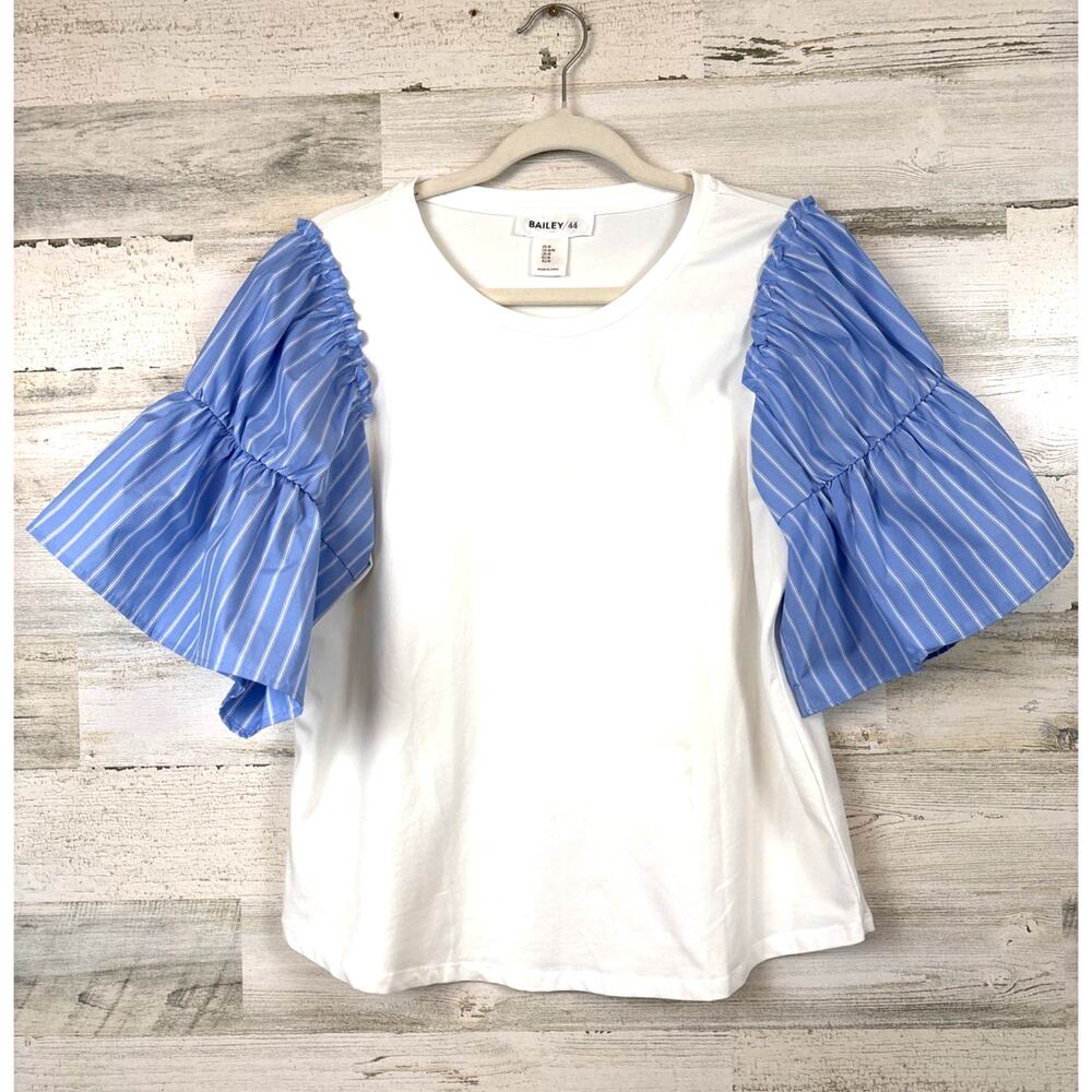Bailey 44 Womens M White Blue Stripe Bell Sleeve Casual Summer Top Blouse NEW